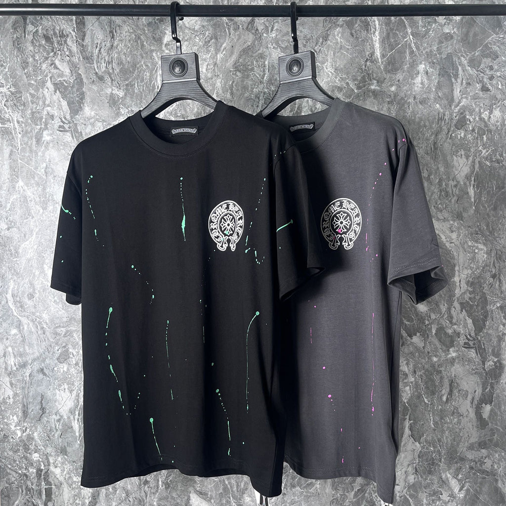 Chrome Heart T Shirts Cross Leather Print Short Sleeve T-Shirt Loose